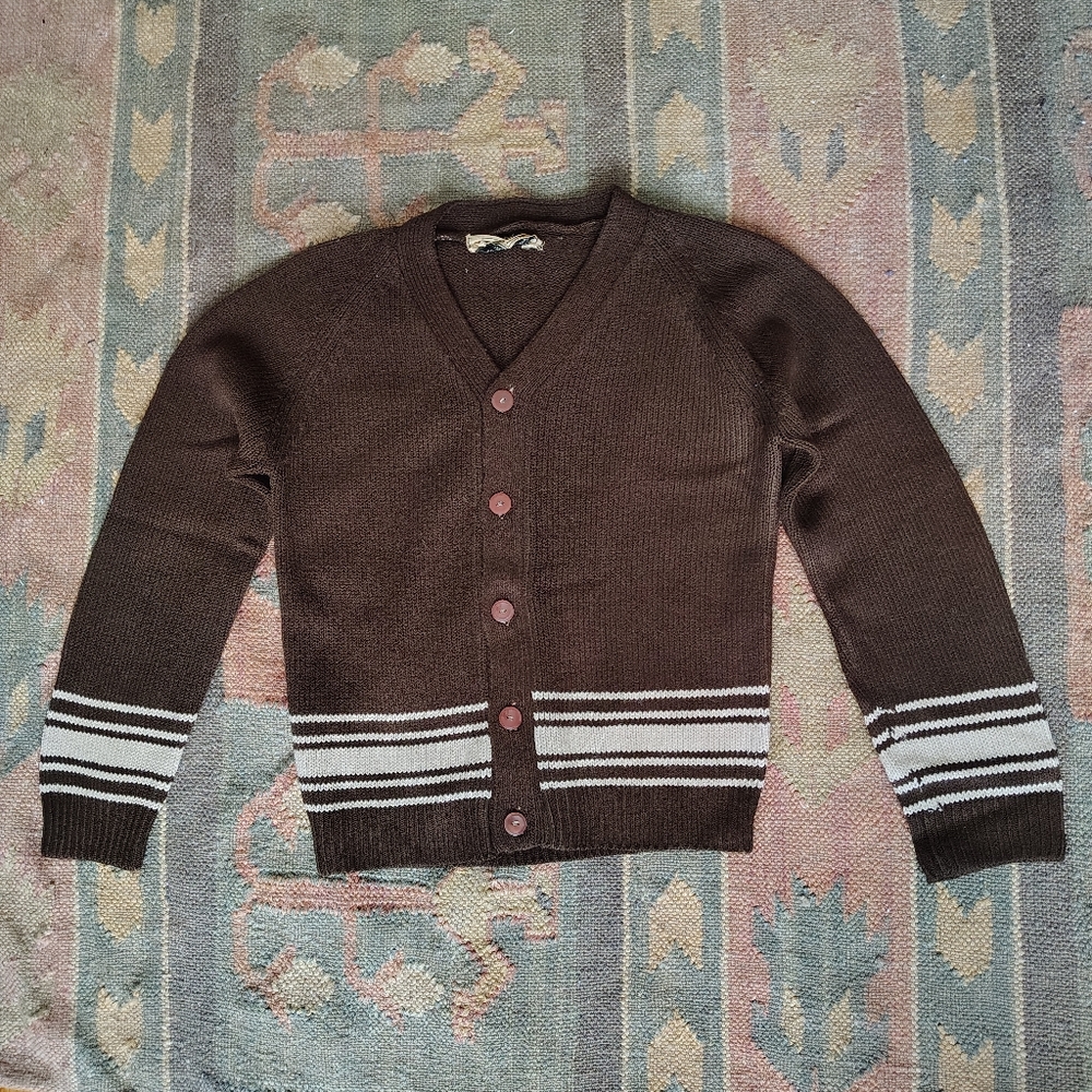 60s Vintage Brown Knit Cardigan Sweater with Cream Stripes XS Extra Small Womens